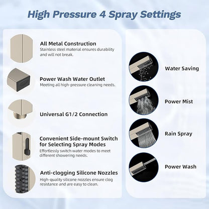 Hibbent 5-spray Filtered Shower Head, 4-Spray Shower Wand, Brushed Nickel | cUPC Certified High Pressure Rainfall Showerhead Combo, All Metal 4-way Diverter Extension Arm & Handheld Spray, 71'' Hose