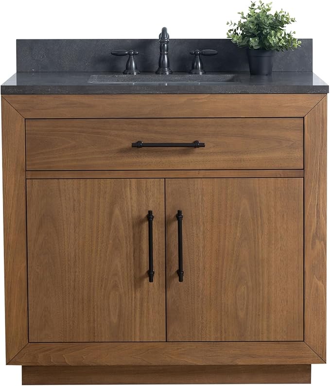 Vanity Art 36 inch Bathroom Vanity with Sink, Solid Poplar Wood, Vanity Cabinet with Doors and Removable Shelf, Modern Wood Cabinet with Black Marble Top, Ceramic Sink, Tan, VA70-36-T-B