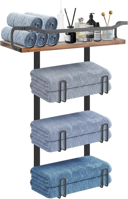 NearMoon Towel Rack with Wooden Shelf, All Metal Rustproof Towel Organizer Holder for Bathroom Storage, Wall Mounted (1 Pack, Matte Black)