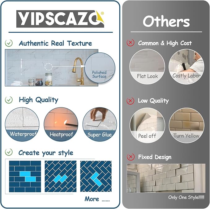 Yipscazo Peel and Stick backsplash 3 x 6 Inches 3D PVC Composite Wall Tile Stick on Backsplash Tile for Kitchen Bathroom, Laundry Room, Fireplace(Polished Carat Gold, 100 Pieces)