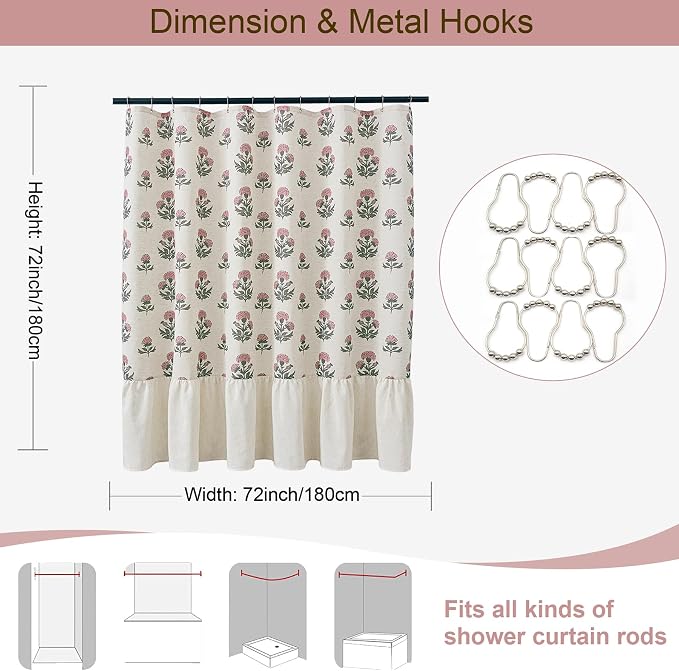 ORTIGIA Linen Textured Ruffle Shower Curtain with Metal Hooks, Vintage Pink Floral Block Print Boho Waterproof Bath Curtain for Rustic Farmhouse Bathroom Decor 72x72 Inch