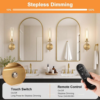MOKATNG Battery Operated Wall Sconce Set of 2，Gold Wireless Rechargeable Wall Lighting Fixtures with Remote Control，Dimmable Wall Light for Bathroom ，Vanity, Living Room, Bedroom, Hallway, Stairway