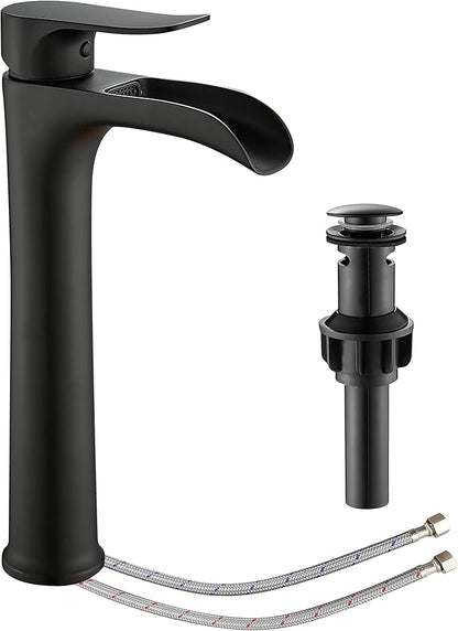 YUNDOOM Matte Black Vessel Sink Faucet, Deck Mount, Single Hole, Waterfall Design, Easy Installation, Durable, Drip-Free, Ceramic Disc Cartridge Valve, Solid Brass Material
