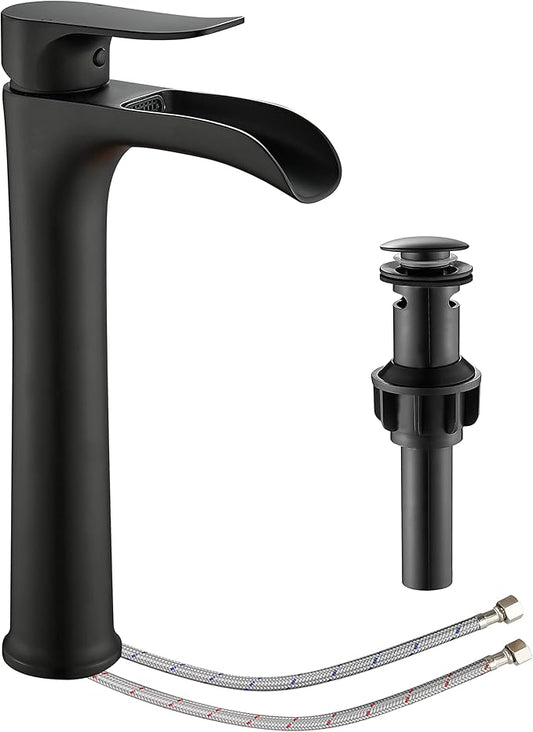 YUNDOOM Matte Black Vessel Sink Faucet, Deck Mount, Single Hole, Waterfall Design, Easy Installation, Durable, Drip-Free, Ceramic Disc Cartridge Valve, Solid Brass Material