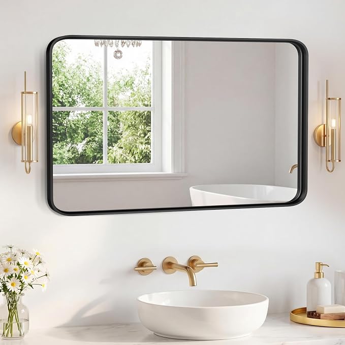 Sweetcrispy Bathroom Mirror 48x32 Inch, Vanity Mirror for Wall | Metal Framed Rounded Rectangle, Over Sink, Farmhouse, Restroom, Anti-Rust, Horizontal or Vertical Hanging, Black