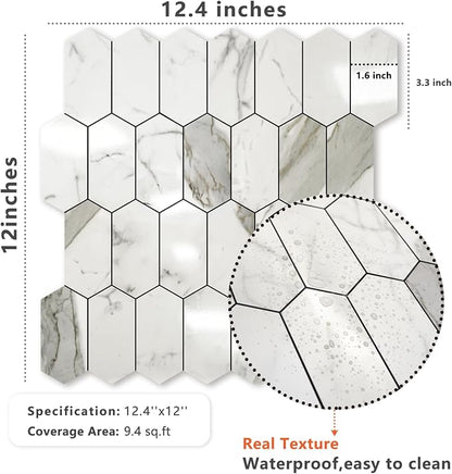 Vamos Tile Long Hexagon Peel and Stick Backsplash Tile - 10 Sheets Stick on Backsplash for Kitchen and Bathroom 12.4 x 12 Inch Glossy Carrara White PVC Self Adhesive Mosaic Wall Tiles