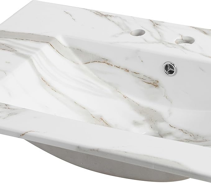 JONATHAN Y SNK1002C Ancillary 3-Hole 30 in. W x 18.25 in. D Classic Contemporary Rectangular Ceramic Single Sink Basin Vanity Top, White Marble Effect