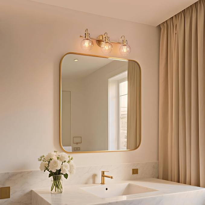 Gold Bathroom Light Fixtures, 22'' Modern Vanity Lights with Clear Glass Globes, 3-Light Bathroom Lighting Over Mirror