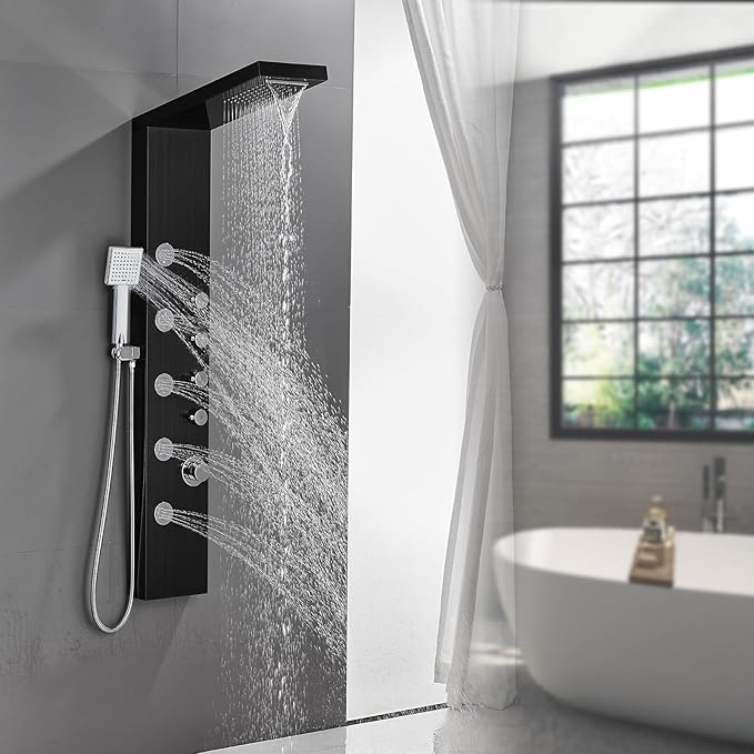 ROVATE 4-in-1 Rainfall Waterfall Shower Panel Tower System, Black | Shower Column with Body Massage Jets and Handheld, Stainless Steel High Pressure, Use Multiple Functions Simultaneously