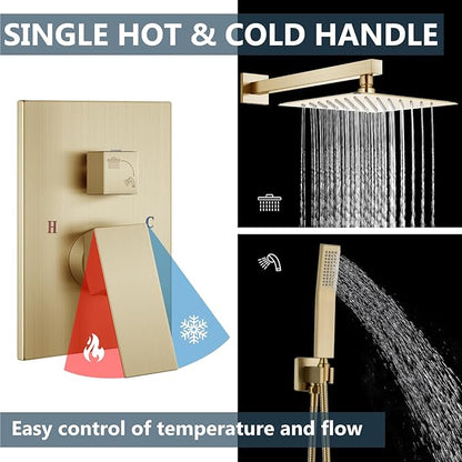 Aolemi Shower Faucet Set Rain Shower System with Handheld Spray Bathroom Shower Combo Rough-in Valve and Shower Trim Kit Included Brushed Gold 10 Inch Wall Mount Shower Head