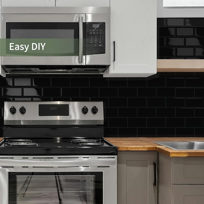 10-Sheet Thick Peel and Stick Kitchen Backsplash Tiles(Black,12.6"×10.6") | D Subway Waterproof Self-Adhesive Wall Tile Stick on Backsplash for Kitchen and Bathroom