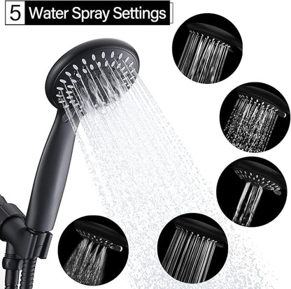 Handheld Shower Head High Pressure 5-Settings with Hose, Matte Black | Powerful Water Spray, Against Low Pressure Water Flow, 59 Inch Stainless Hose, Adjustable Mount