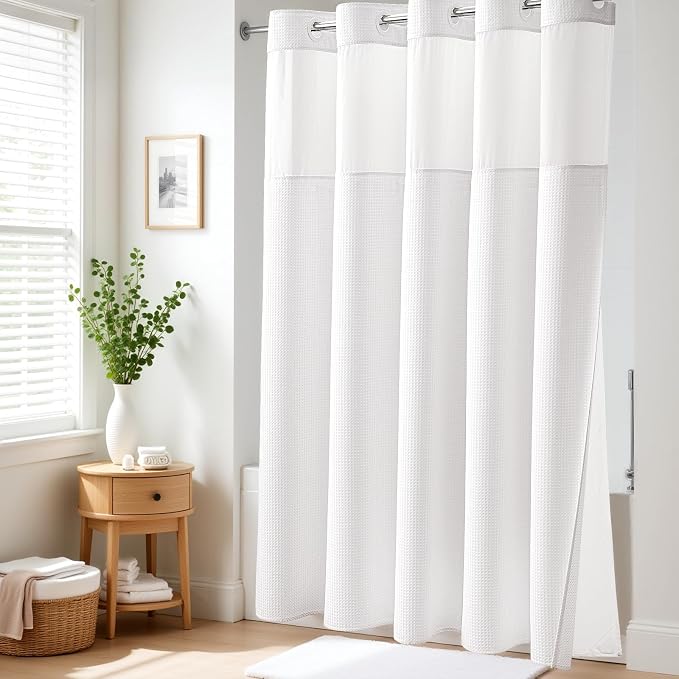 White Hook Free Waffle Shower Curtain & Snap-in Fabric Liner,72x75 | Less Time to install, 3 in 1 Fabric Shower Curtain and Liner Set with Magnets, Mesh Top Window, Shower Curtains for Bathroom