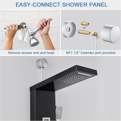 ROVOGO Retrofit Shower Panel with LED Rain Shower, 2 Body Jets and Handheld, Easy Connect Stainless Shower Tower Column with Temperature Display, Black (NOT INCLUDE ROUGH-IN VALVE)