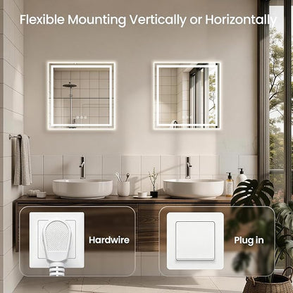 24x24 LED Bathroom Mirror with Anti-Fog, Backlit & Front Lit, Memory | Stepless Dimmable 3 Color CRI 95+ Shatterproof Tempered Glass ETL Listed for Safety Lighted Bathroom Vanity Mirror for Wall