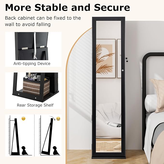 COSTWAY Standing Jewelry Cabinet, Large Capacity Jewelry Organizer w/Full-Length Mirror & Rear Storage Shelves, Lockable Mirror Jewelry Armoire with Keys for Girls Women (Black)
