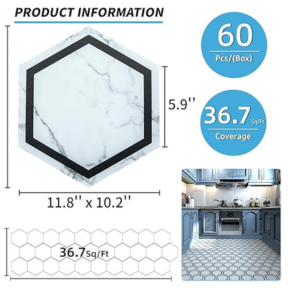 Art3d 60-Pack Hexagon Peel and Stick Flooring Tile Marble Look, Self Adhesive Waterproof Vinyl Floor Tile for Kitchen Bathroom Living Room Bedroom, 11.8" x 10.2" White Marble