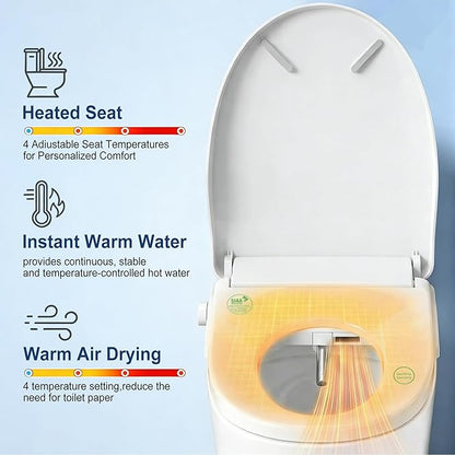 Electric Smart Bidet Toilet Seat with Remote Control, Heated Seat, Instant Warm Water & Air Dryer, Advanced Safety Features, Stainless Steel Nozzle, Slow Close Lid, Silent, Elongated, White