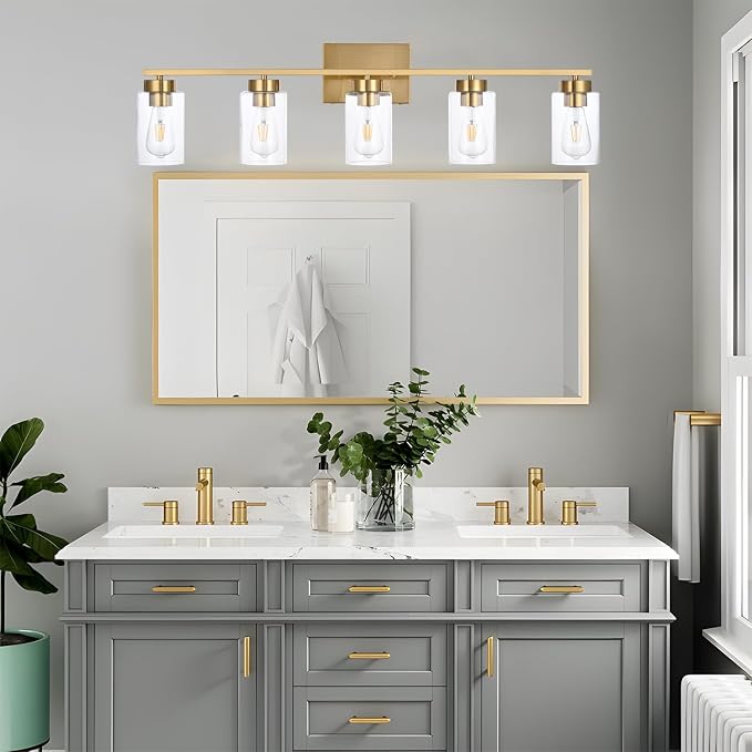 5 Light Bathroom Vanity Light Fixtures, Brushed Brass Modern Wall Lights with Clear Glass Shade, Vintage Wall Sconce Lighting for Living Room, Mirror, Bedroom, Hallway (Gold, 5-Lights)