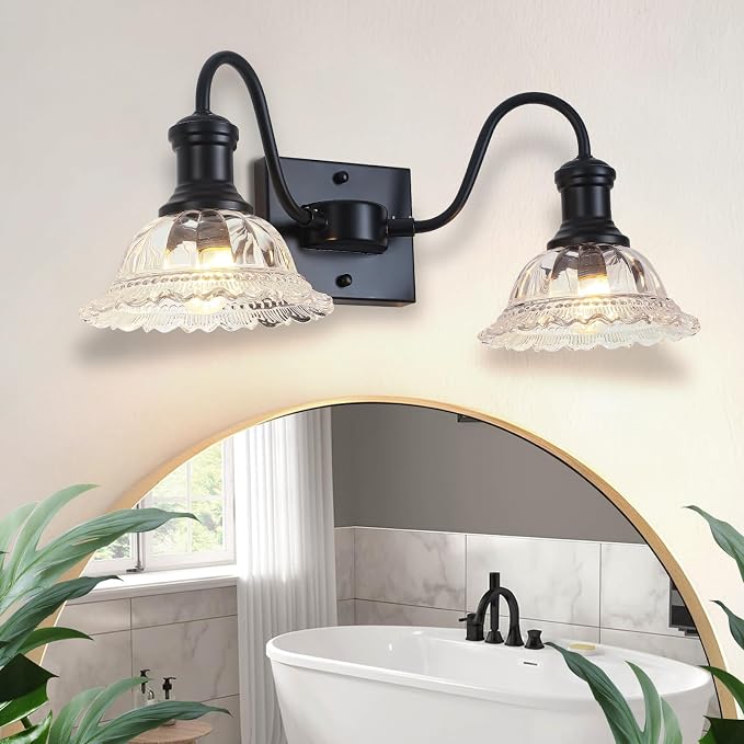 Farmhouse Vanity Lights, 2-Light Vanity Light with Clear Flower Glass Shade, Bathroom Lights Fixtures Over Mirror, Vintage Wall Sconce for Bathroom, Dressing Table