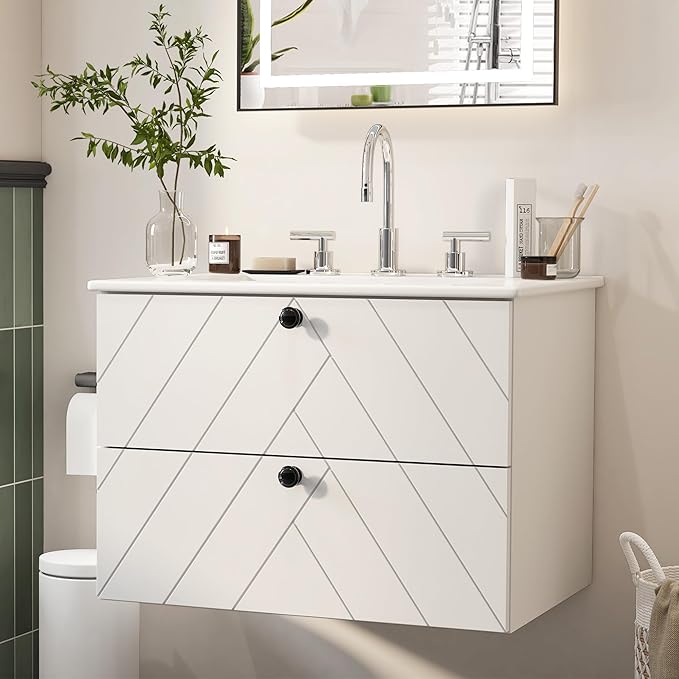 24 inch Bathroom Vanity with Sink, Floating Bathroom Vanity, Wall Mount & 2 Soft-Close Drawers, Modern Floating Vanity with Ceramic Sink, White