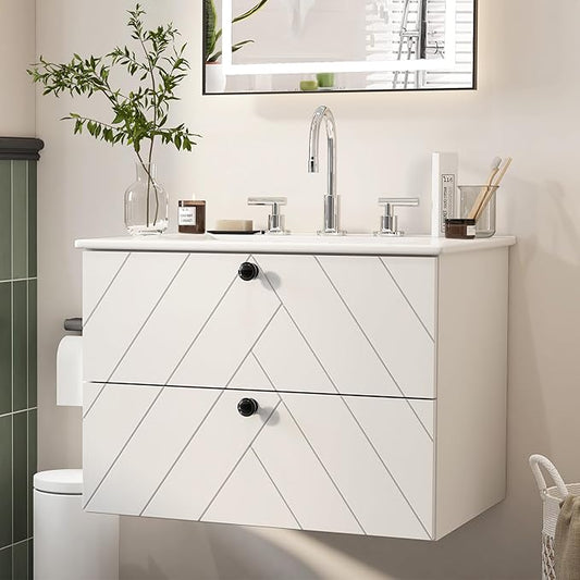 24 inch Bathroom Vanity with Sink, Floating Bathroom Vanity, Wall Mount & 2 Soft-Close Drawers, Modern Floating Vanity with Ceramic Sink, White