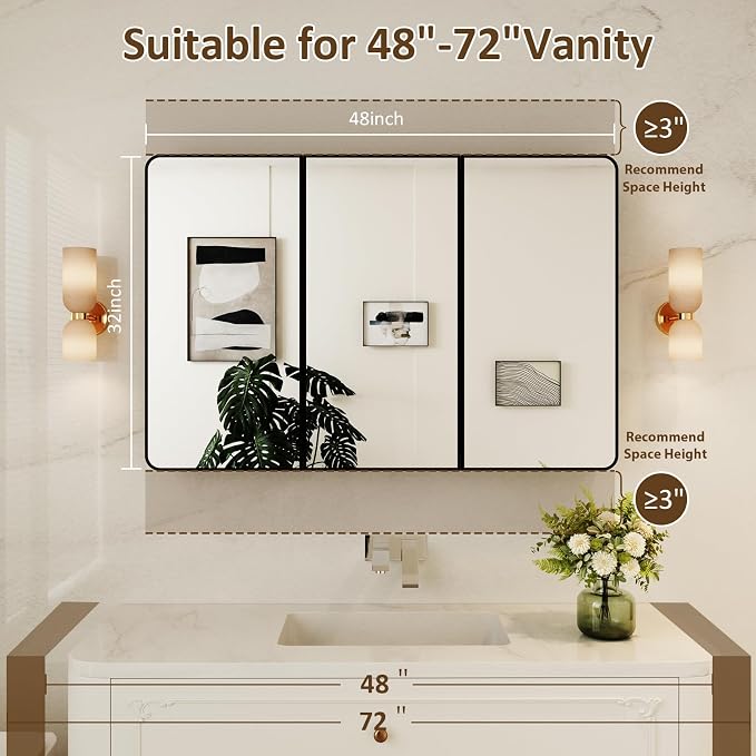 Medicine Cabinet Mirror 48x32 Inch, Triple-Door Bathroom Mirror Cabinet with Glass Adjustable Shelves, 3-Compartment Bathroom Mirror with Storage Recessed or Wall Mount