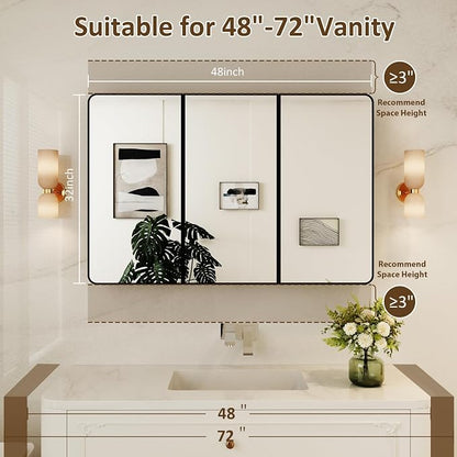 Medicine Cabinet Mirror 48x32 Inch, Triple-Door Bathroom Mirror Cabinet with Glass Adjustable Shelves, 3-Compartment Bathroom Mirror with Storage Recessed or Wall Mount