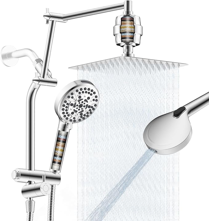 10" Metal Rain Filtered Shower Head with Handheld, 10 Modes, Easy Reach | Chrome, High-Pressure Rainfall Showerhead, 4-Way Diverter Pause Mode, Adjustable 16" Extension Arm, 20-Stage Shower Filter