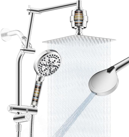 10" Metal Rain Filtered Shower Head with Handheld, 10 Modes, Easy Reach | Chrome, High-Pressure Rainfall Showerhead, 4-Way Diverter Pause Mode, Adjustable 16" Extension Arm, 20-Stage Shower Filter