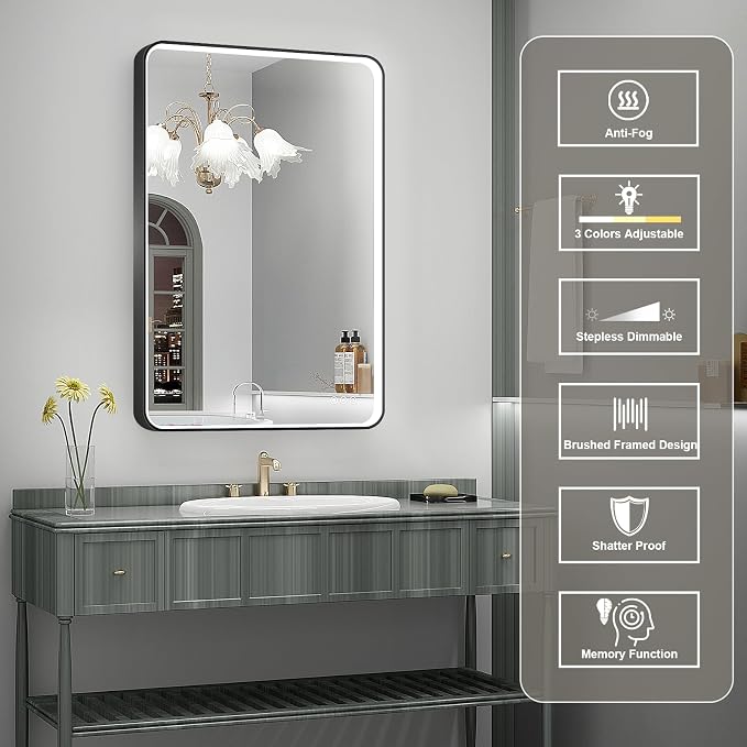 LED Mirror for Bathroom 24X36 Inch Black Framed with Anti-Fog, Stepless Dimmable, Front Lit, LED Bathroom Vanity Mirror for Wall, Memory Function, Shatter-Proof
