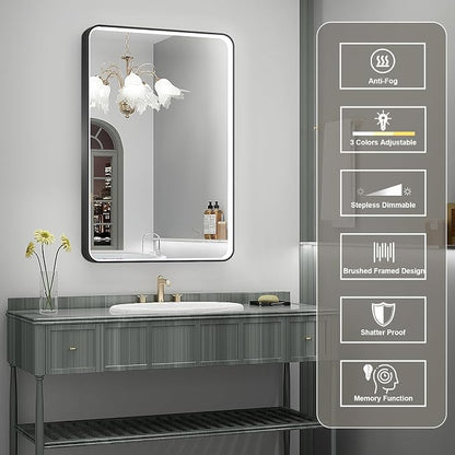 LED Mirror for Bathroom 24X36 Inch Black Framed with Anti-Fog, Stepless Dimmable, Front Lit, LED Bathroom Vanity Mirror for Wall, Memory Function, Shatter-Proof