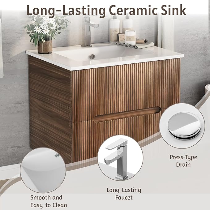 EROMMY 24 Inch Bathroom Vanity with Sink, Floating Bathroom Vanity with Ceramic Basin, Wall Mounted Bathroom Sink Cabinet Set with Soft-Close 2 Drawers, Faucet & Pop Up Drain, Walnut