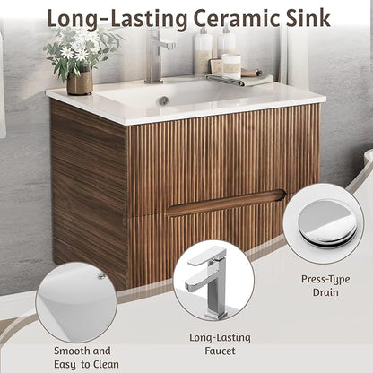 EROMMY 24 Inch Bathroom Vanity with Sink, Floating Bathroom Vanity with Ceramic Basin, Wall Mounted Bathroom Sink Cabinet Set with Soft-Close 2 Drawers, Faucet & Pop Up Drain, Walnut