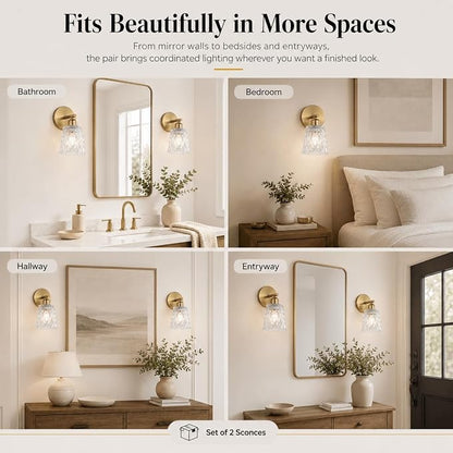 1-Light Brushed Gold Bathroom Vanity Wall Sconces, 2-Pack Modern Stainless Steel Fixtures with Textured Glass Shades for Over-Mirror Lighting, E26 Sockets (Bulbs Not Included)