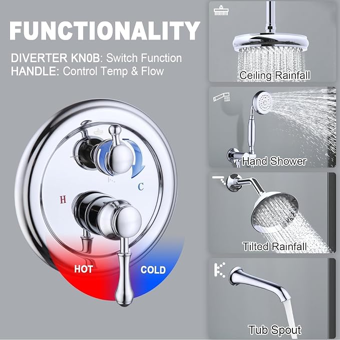 Enga Antique Shower Faucet Sets Dual Heads with Tub Spout 8" Ceiling & 6" Wall Mount Vintage Shower Head Handheld Spray Combo, 4 Way Diverter Brass Rough in with Trim Kit, Chrome