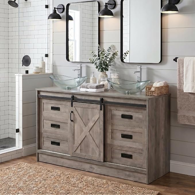 48 Inch Barn Door Bathroom Vanity with 6 Drawers, Farmhouse Style Standing Pedestal Cabinet with Two Clear Boat Glass Vessel Sinks