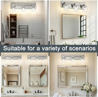 21.6 Inch Brushed Nickel Bathroom Light Fixtures, with Clear Glass Shade | 3-Light Bathroom Lighting Fixtures Over Mirror, Modern Wall Light, bathroom vanity light E26 Socket, ETL
