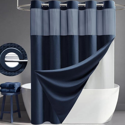 Navy Blue Hook Free Waffle Shower Curtain & Snap-in Liner,72x75 | Less Time to install, 3 in 1 Fabric Shower Curtain and Liner Set with Magnets, Mesh Top Window, Shower Curtains for Bathroom