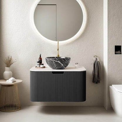 24" Floating Bathroom Vanity with Sink, Modern Bathroom Cabinet with Ultra-Thin Marble Top and Black Ceramic Basin, Bathroom Vanities, Extra Large Storage Drawer, Soft-Close Design, Black