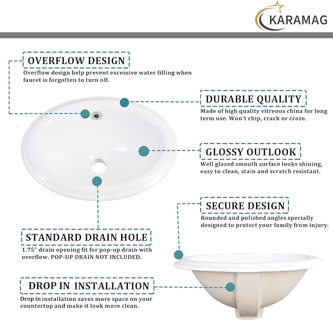 Bathroom Vessel Sink 16'' x 12'' Semi Recessed Bathroom Sink Oval Drop-in Vanity Sink with Overflow White Ceramic Modern Art Basin