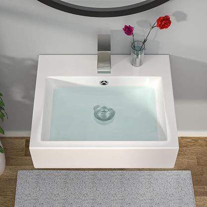Wall Mount Vessel Sink - 21" x 16" Rectangle Wall Mounted Bathroom Sink White Wall Hung Porcelain Sink With Overflow Ceramic Basin Floating Lavatory Sink