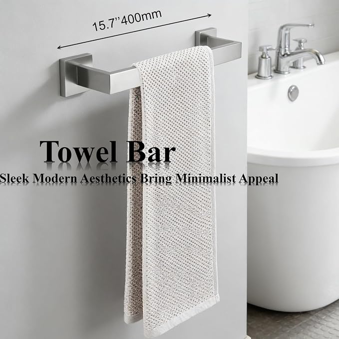 Bathroom Hardware Set 4 Piece Brushed Nickel Bathroom Accessories Set SUS304 Towel Bar Set Includes Towel Bar 16 Inch+Towel Holder+Toilet Paper Holder+Towel Hooks (4, Brushed Nickel, 16 Inch)