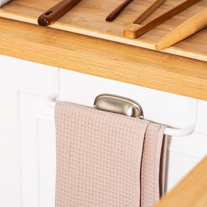 Patelai Over Cabinet Door Towel Bar, Metal Kitchen Rack,White | Hang Inside or Outside Cabinet for Hand Towels, No Drill Install, Bathroom Organizer, Saves Counter Space, Fits Doors