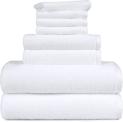 Amazon Basics 100% Cotton Soft Quick-Dry 8-Piece Towel Set, Bath Towels, Hand Towels, Washcloths, White, Compact & Lightweight