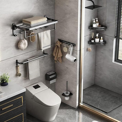 Towel Rack Wall Mount for Bathroom with Towel Bar and Hooks 23.6 in Foldable Towel Shelf Lavatory Towel Organizer Matte Black