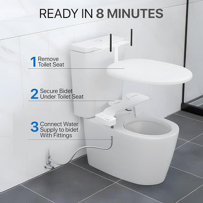 Bidet Attachment for Toilet – Dual Nozzle Front & Rear Wash, Self-Cleaning, Adjustable Water Pressure Dial, Non-Electric, Ultra-Slim, Fits Round & Elongated Toilets, Easy 8-Min Install | by ZeroTouch