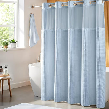 River Dream Cotton Blend Shower Curtain Set with Liner, Misty Blue, 71x86 | Waffle Weave, No Hook Needed, with Snap in Replacement Liner, Top Sheer Window, Hotel Quality for Bathroom, Extra Long