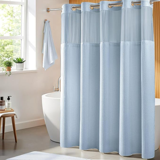 River Dream Cotton Blend Shower Curtain Set with Liner, Misty Blue, 71x86 | Waffle Weave, No Hook Needed, with Snap in Replacement Liner, Top Sheer Window, Hotel Quality for Bathroom, Extra Long