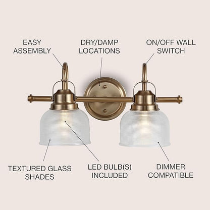 JONATHAN Y 17.25" Brass Gold Modern Bathroom Vanity Light, 2-Light LED Wall Sconce, Clear Glass Bell Shade for Mirror Hallway Kitchen, ETL Listed, LED Bulb Included (JYL7408B)